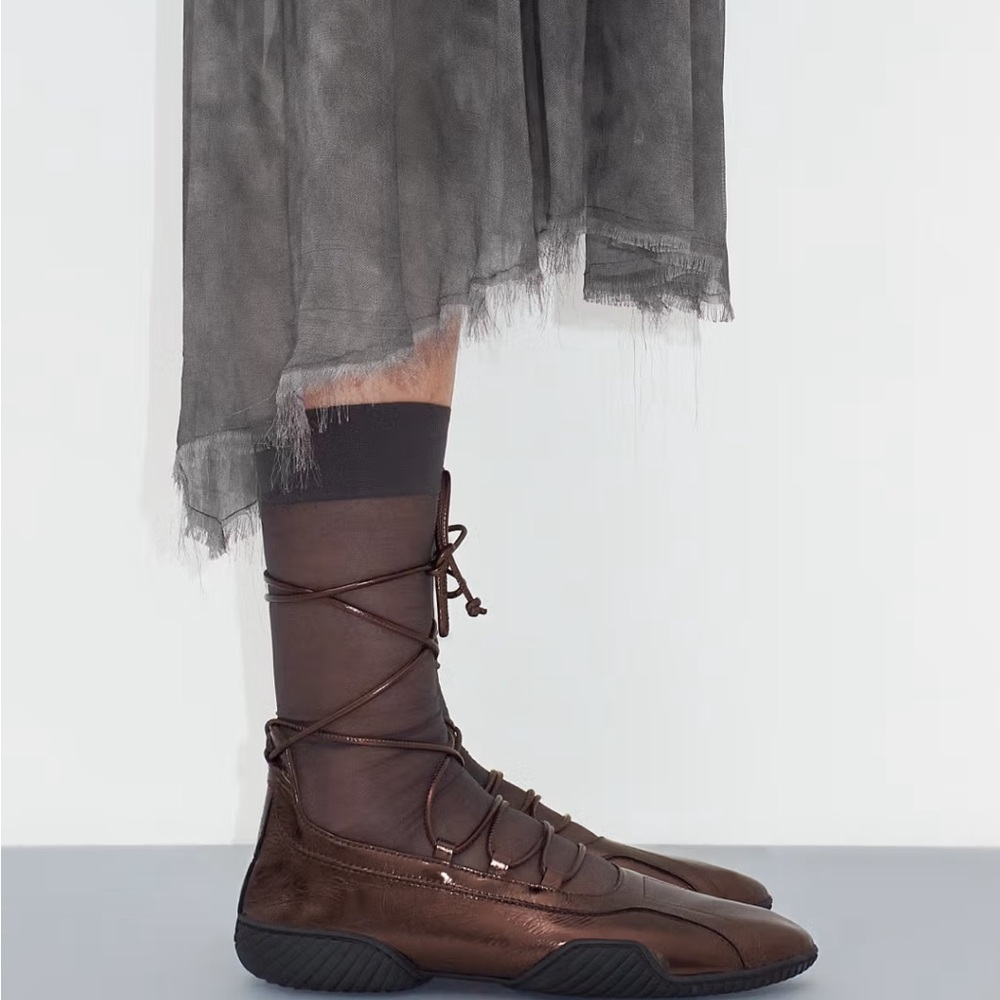 Lace-Up Metallic Brown Leather Flats